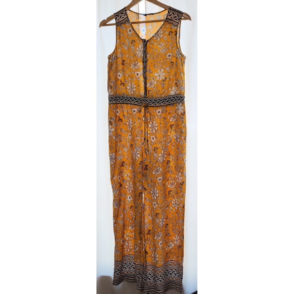 Max Yellow Floral Boho Jumpsuit US Sz 8 Geometric Trim Wide Leg